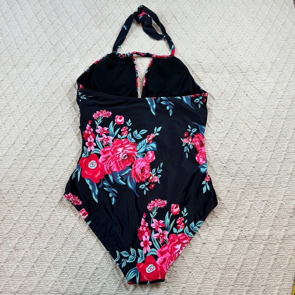Floral Halter One Piece Swimsuit Black Pink Rose Ruched Keyhole XL 14